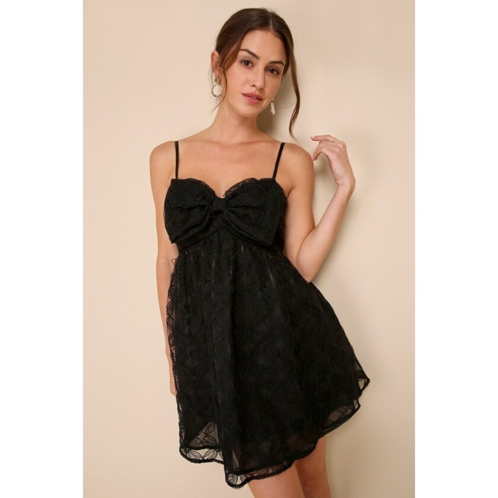 Lulus Charming Intent Black Mesh Floral Applique Bow Mini Dress - Size S